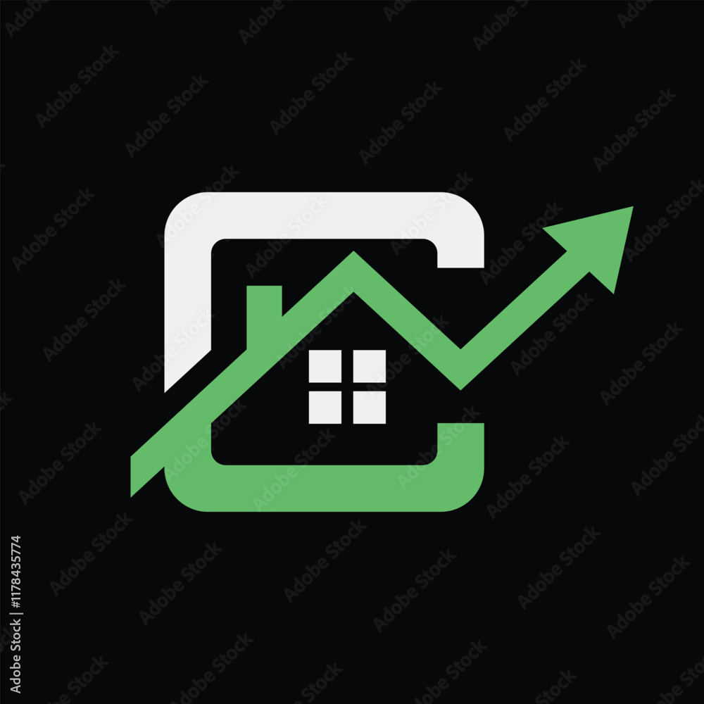 Poster the image shows a flat monogram logo design of an initial letter c with a house shape and an arrow p