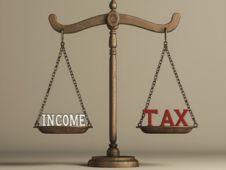 Tax returns period sees the balancing of income and tax through concept image of manual scale balancing profit and taxes