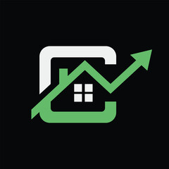 The image shows a flat monogram logo design of an initial letter C with a house shape and an arrow pointing upward for real estate company logo   