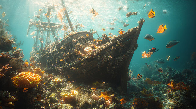 An underwater treasure hunt, where divers explore a sunken ship surrounded by schools of fish and glimmering treasures, capturing the excitement of discovery.  