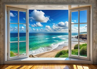 Fototapeta premium Big Window Sea View Panorama AI Photo, Ocean Landscape, Closeup