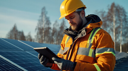 Obraz premium a professional solar panel technician wearing a high-visibility orange safety jacket and a yellow hard hat to holding a digital tablet standing by solar grid at solar farm.