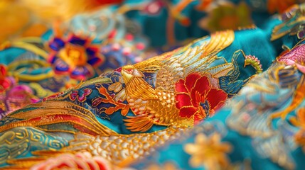 Sichuan embroidery details combine gold with beautiful bird batik concepts.