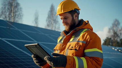 Obraz premium a professional solar panel technician wearing a high-visibility orange safety jacket and a yellow hard hat to holding a digital tablet standing by solar grid at solar farm.