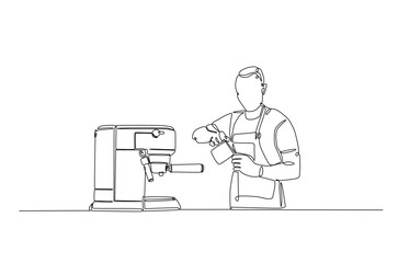 Barista and coffee machine continuous one line drawing. Barista preparing cofffee in single line art illustration. Editable vector.