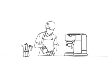 Barista and coffee machine continuous one line drawing. Barista preparing cofffee in single line art illustration. Editable vector.