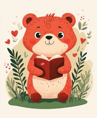A charming bear sits peacefully in the grass, engrossed in a colorful book, surrounded by blooming flowers, embodying the spirit of a tranquil day in nature.