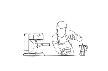 Barista and coffee machine continuous one line drawing. Barista preparing cofffee in single line art illustration. Editable vector.