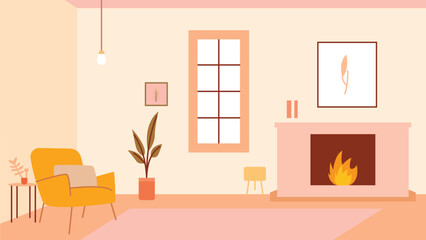 Yellow Cozy Living Room Interior Landscape Illustration with Armchair and Bonfire