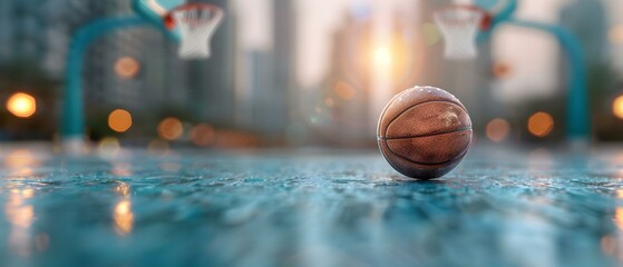 Basketball on Urban Court with Cityscape Background at Dawn, Focus on Sport Equipment and Bokeh Light Effects