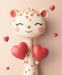 Fototapeta premium A charming giraffe lovingly cradles two vibrant hearts, symbolizing affection and joy on this special Valentine's Day.