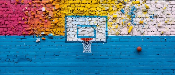 Fototapeta premium Bright Urban Basketball Court with Colorful Brick Wall and Basketball Ready to Shoot