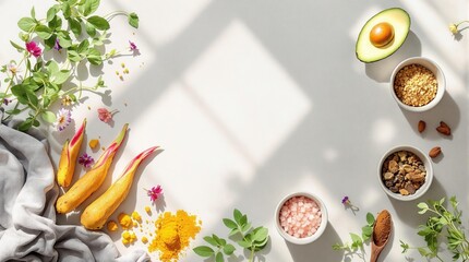 Healthy ingredients and fresh herbs on sunlit kitchen counter