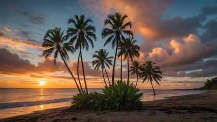Fototapeta premium Golden Horizon: Nikau Palms Beneath a Vibrant Sunset at the Beach