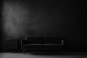 Dark room interior with sofa and side table.