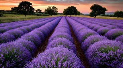 Obraz premium A serene lavender field under the twilight sky, with rows of purple flowers stretching to the horizon. captures the tranquility and beauty of nature