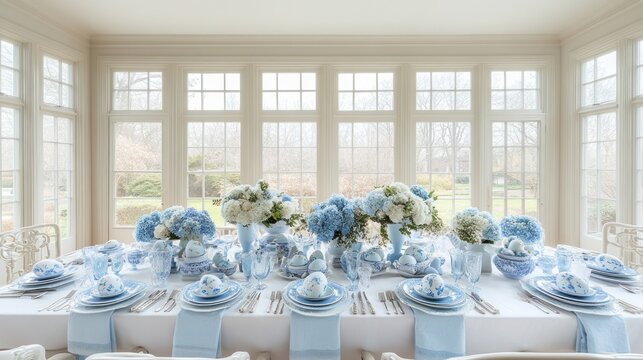 Elegant Easter table setting with blue and white porcelain, hydrangeas, and linen.