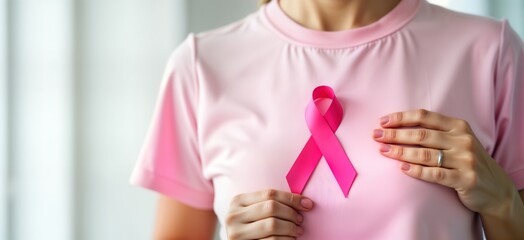 Woman wears pink shirt, holds pink ribbon. Awareness for breast cancer. Breast cancer support concept. Public health campaign. Showing support, hope for patients. National cancer survivors month,