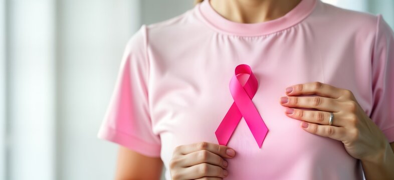 Woman wears pink shirt, holds pink ribbon. Awareness for breast cancer. Breast cancer support concept. Public health campaign. Showing support, hope for patients. National cancer survivors month,