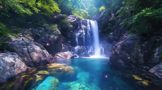 Majestic fantasy waterfall cascading through an enchanted forest with glowing lights  
Seamless looping 4k time-lapse virtual video animation Generated AI