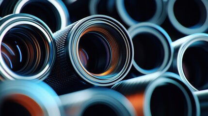 A close-up view of multiple camera lenses stacked together, showcasing intricate details and reflections from their glass surfaces.