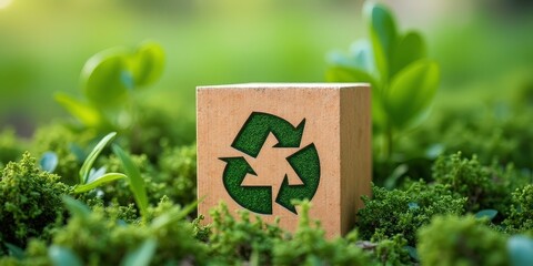 Recycle Symbol in Nature: A close-up shot of a wooden cube displaying a green recycle symbol nestled amongst lush green foliage, symbolizing environmental consciousness and sustainability. 