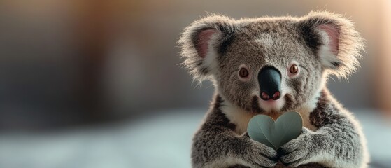 Fototapeta premium A cute koala holds a heart-shaped object, exuding charm and affection in a warm, softly lit setting.