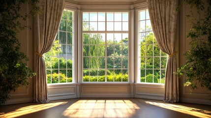 Sunlit Bay Window View: Serene Garden Landscape Seen Through Elegant Drapes