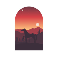 Naklejka premium horse silhouette with sunset background masked with window shape