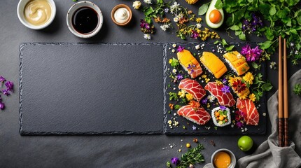 Obraz premium Gourmet sushi platter surrounded by colorful edible flowers and condiments on slate