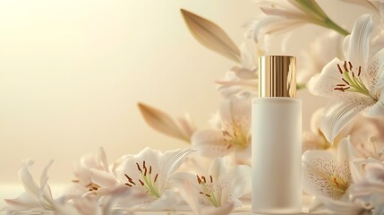A white frosted glass bottle with a golden cap, surrounded by lily flowers, against a beige background, with soft lighting with an advertising product photography style