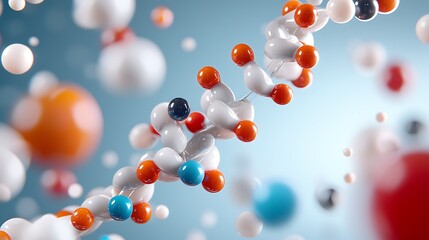 Abstract 3D rendering of a DNA helix with colorful spheres, representing genetic code and scientific research.