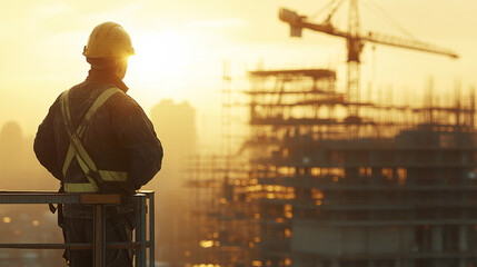 Fototapeta premium Engineer surveying construction site at sunset
