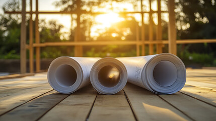 Rolled blueprints on wooden floor at construction site during sunset