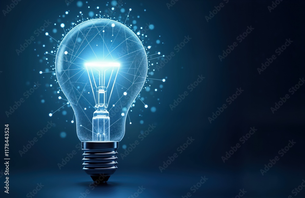 Poster Glowing light bulb concept with futuristic tech design. Abstract innovation in digital format. Tech illustration evokes creative idea. Blue background represents futuristic concept. Modern light bulb