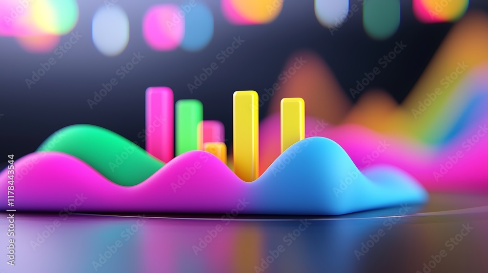 Poster abstract colorful 3d chart with vibrant waves and bars on dark background, representing data visuali