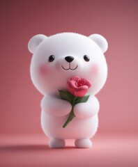 Obraz premium A fluffy white teddy bear cradles a vibrant rose, exuding warmth and tenderness, perfect for expressing love this Valentine's Day.