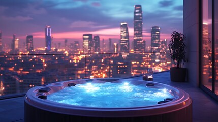 Naklejka premium A stylish infinity-edge hot tub on a rooftop overlooking a glowing city skyline, with the warm light from the water complementing the shimmering skyscrapers and deep blue night sky, cinematic tones,