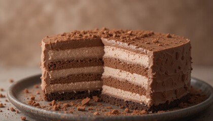 Chocolate mousse cake with layered textures and cocoa sprinkles. Soft trendy brown mocha mousse background