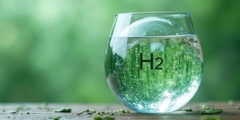 Green Hydrogen Energy: A glass of water with the chemical formula H2 reflects a lush green background, symbolizing clean and sustainable energy.