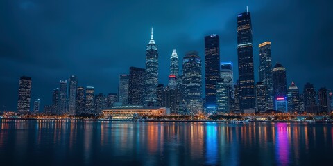 Naklejka premium Nighttime Metropolis: A breathtaking cityscape, bathed in the ethereal glow of twilight, where towering skyscrapers reflect in the shimmering waters.