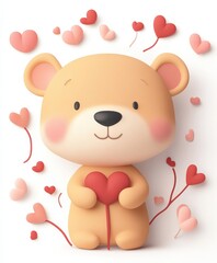 Obraz premium A cuddly teddy bear lovingly cradles a vibrant heart, symbolizing affection and warmth on Valentine's Day.
