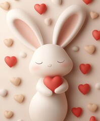 A charming white rabbit tenderly clutches a bright red heart, symbolizing love and affection, perfect for a delightful Valentine's Day celebration.