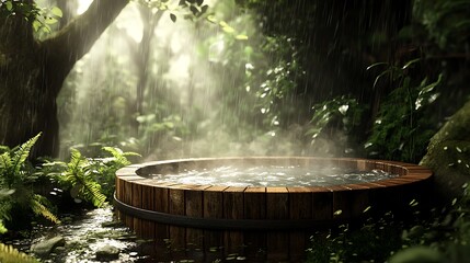 A wooden hot tub nestled in a forest clearing, steam rising into the light rain falling through the canopy above, water rippling gently, with rain-soaked moss and ferns adding a lush,