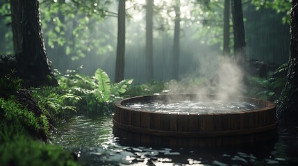 A wooden hot tub nestled in a forest clearing, steam rising into the light rain falling through the canopy above, water rippling gently, with rain-soaked moss and ferns adding a lush,