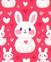 Fototapeta premium Delightful white rabbits adorned with vibrant hearts frolic against a soft pink backdrop, embodying the spirit of love and joy this Valentine's Day.