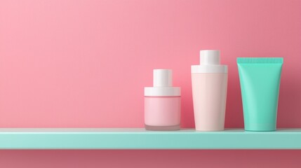 Vibrant Display of Beauty Products on a Shelf Against a Soft Pink Background