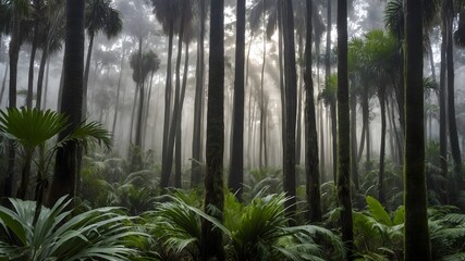 Misty Tranquility: Nikau Palms in a Dreamy Morning Landscape