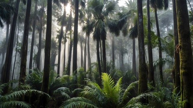 Serene Morning: A Misty Nikau Palm Forest Bathed in Gentle Sunlight