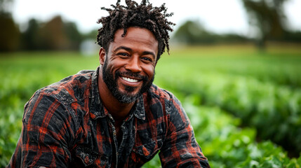 Portrait of a Smiling Black Farmer in a Lush Green Field, embodying the spirit of agriculture and rural life. A symbol of hope, hard work, and the beauty of nature.
